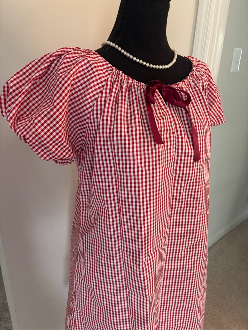 Red Gingham Puff Sleeve Shift Dress with Ribbon